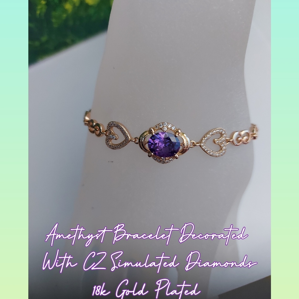 Amethyst Bracelet With CZ ,18k Gold Plated